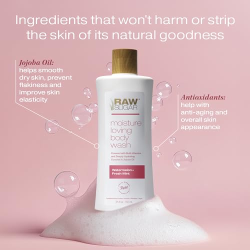 RAW SUGAR Moisture Loving Body Wash - Watermelon + Fresh Mint, Moisturizing & Refreshing Bath & Shower Gel, Sulfate-Free, Paraben-Free & Vegan (Pack of 3)